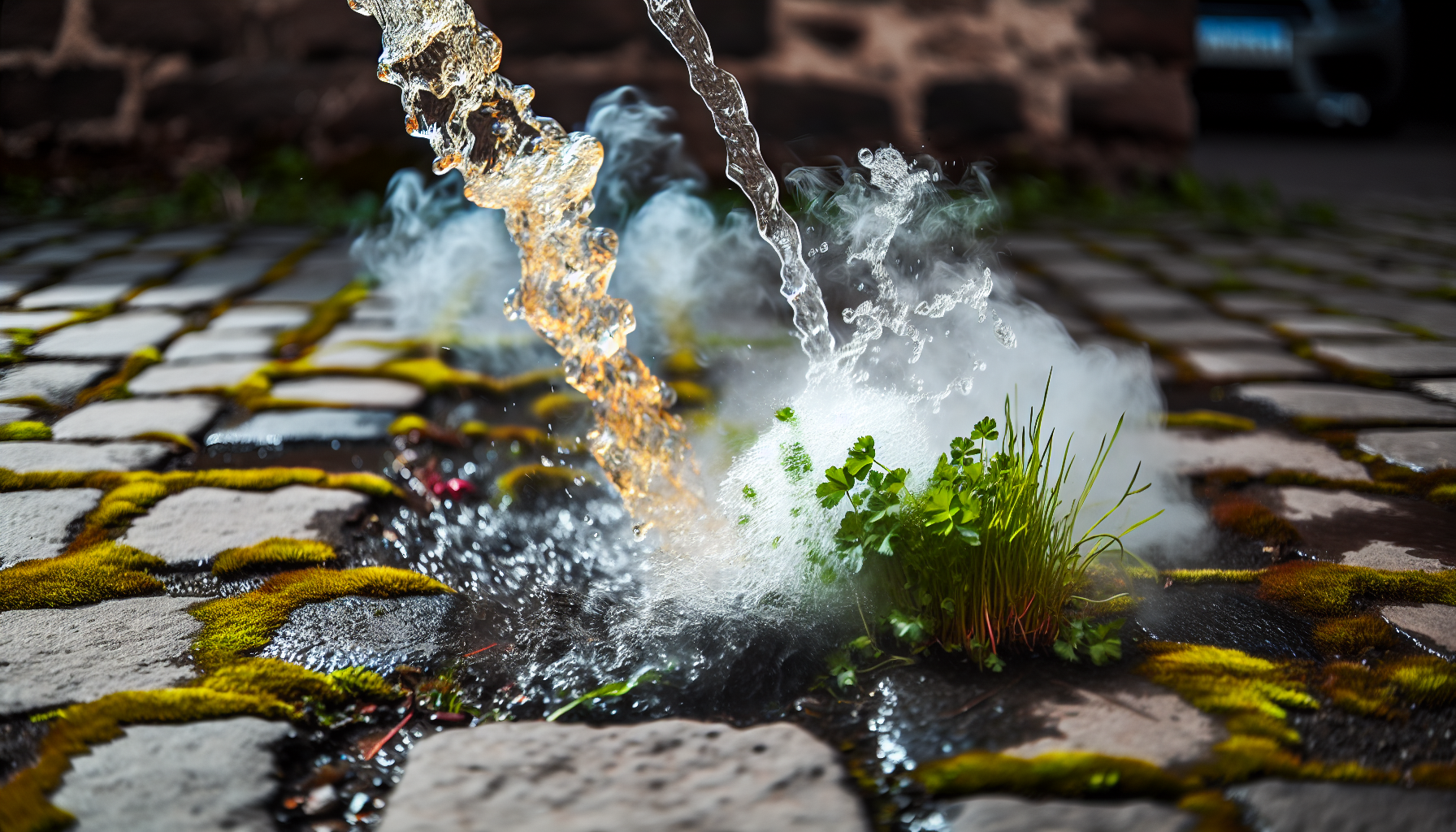 Boiling water being poured on weeds between pavers