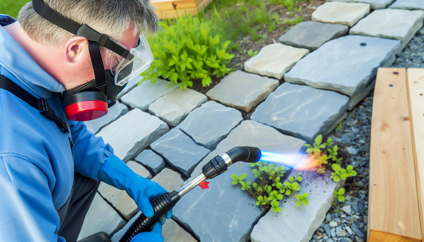 Using a weed torch to eliminate weeds between pavers
