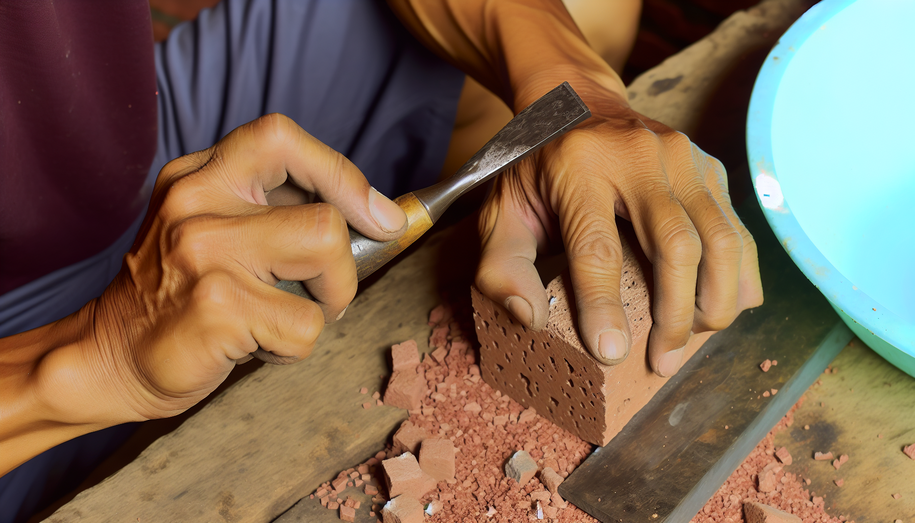 Using a chisel to score a paving brick