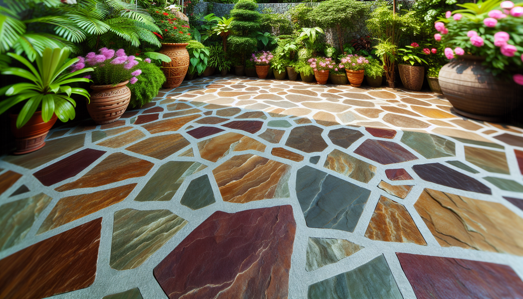 Irregularly shaped natural stone crazy paving in outdoor space